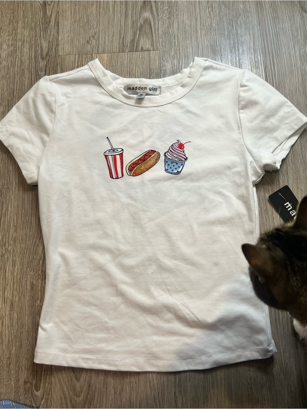 Madden Girl White Tee with Red, Brown & Blue Snack Icons